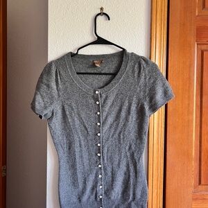 Cashmere Gray Short Sleeve Button Cardigan | Size Small | Rhinestone Buttons